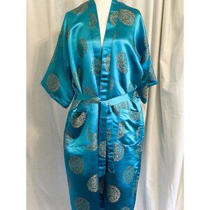 Vintage Turquoise Silk Kimono Robe, Embroidered, with sash, size 8-10.